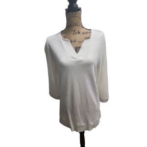 Weekends by Chico's Elegant White V-Neck 3/4 Sleeve‎ Cotton Blend Top Size L